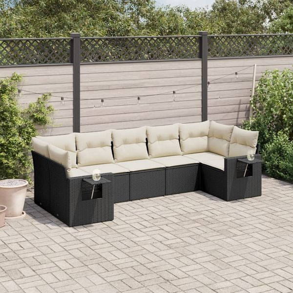 vidaXL 7-teilig Garten-Sofagarnitur mit Kissen Schwarz Poly Rattan, 3220585