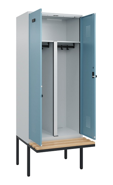 C+P PSA Doppel-Spind Evolo PLUS, Bank, 2 Abteile, 2120x800x815mm, 7035/0010, Drehriegel, Sitzfläche Holz, 0490427-22P S10009