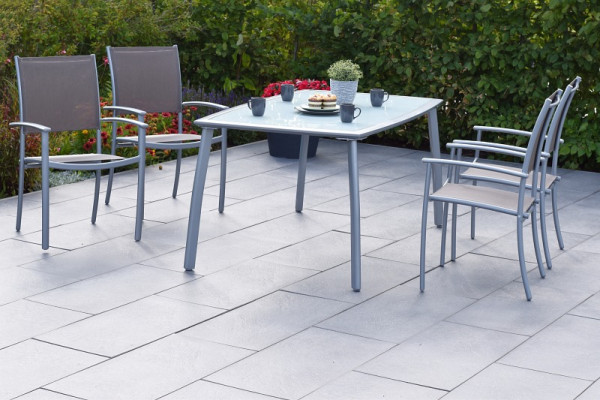 Merxx Milano Set 5-teilig, 4 Milano Stapelsessel, taupe, 1 Tisch 150 x 90 cm, Alumiuniumgestell mit Textilbespannung, 50883-325