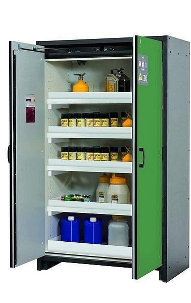 asecos Sicherheitsschrank Q-CLASSIC-30, Q30.195.116 in resedagrün RAL 6011 mit 4x Wannenboden Standard (Polypropylen), 31003-068-30014