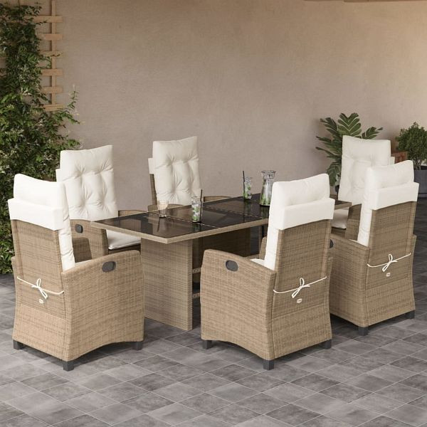 vidaXL 7-teilig Garten-Essgruppe mit Kissen Beige Poly Rattan, 3212692