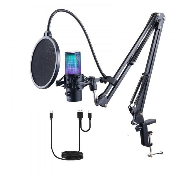 VEVOR USB-Mikrofon, 192 kHz/24 Bit Kondensator mit Galgenarm, Pop-Filter, 11 RGB-Lichteffekte, Stummschalter, Kopfhöreranschluss, DBMKFDRMKFDS8O2KQV9