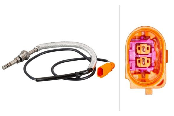 HELLA Sensor, Abgastemperatur, 2-polig, geschraubt, Kabel: 820mm, mit Hitzeschutzrohr, 6PT 010 376-211