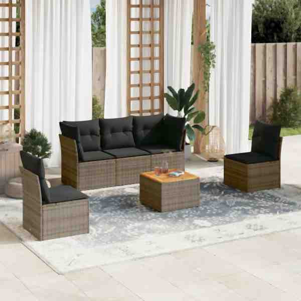 vidaXL 6-tlg. Garten-Sofagarnitur mit Kissen Grau Poly Rattan, UV-beständig, 3255878