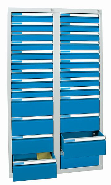 stumpf Schubladenschrank, Höhe 180 cm, 100 % Teleskopauszüge, 75 kg / Schublade, Alu-Griffleisten, 26 Schubladen, lichtgrau / lichtblau, 7604778