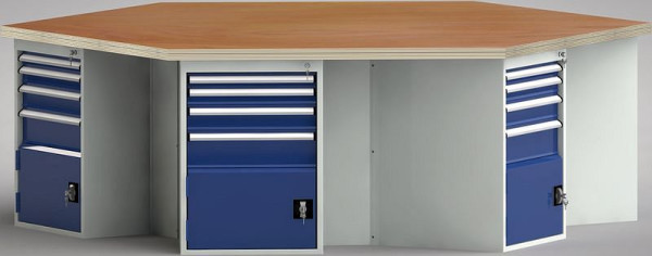 KLW Standard-Werkbank in Sechseckform (ERGO-Version) mit Buchen-Multiplexplatte in 6-Eck-Form 2338 x 2700 x 45 mm L x B x S, WS620N-1350M40-E8014