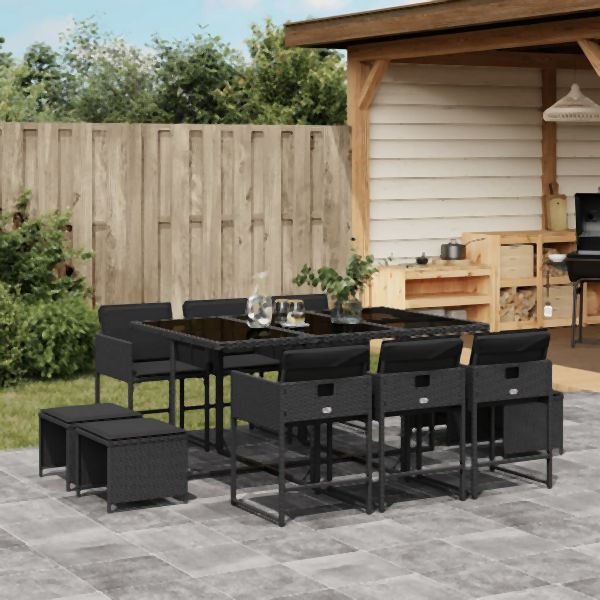 vidaXL 11-tlg. Garten-Essgruppe mit Kissen Schwarz Poly Rattan, 3211327