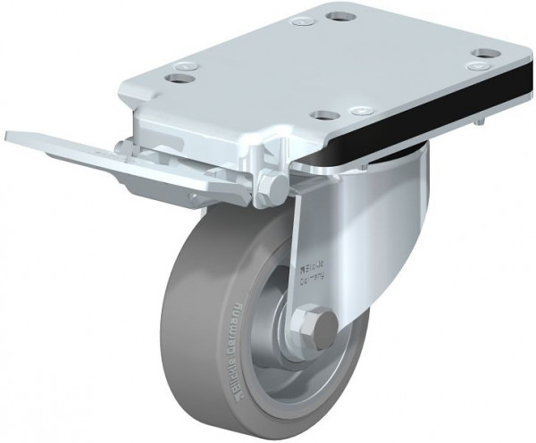 Blickle LK-ALEV 100K-3-IS-SG Stahlblech-Lenkrolle, schwere Ausführung, mit Anschraubplatte & Feststeller, Elastik-Vollgummi, Grau, 762161