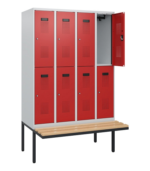 C+P Doppelstock-Spind Evolo PLUS, Bank, 8 Fächer, 1950x1200x815mm, 7035/3000, Zylinderschloss, Sitzfläche Buche-Hartholz, 0493405-40 S10024