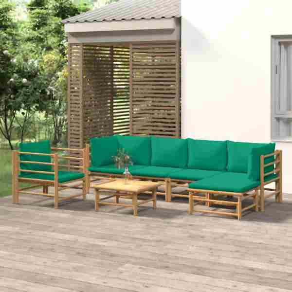 vidaXL 7-tlg. Garten-Lounge-Set mit Grünen Kissen Bambus, 3155149