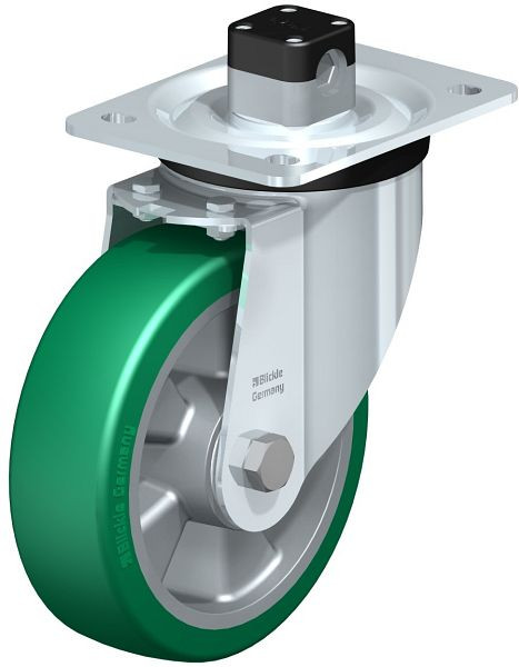 Blickle L-ALST 160K-CS11 Stahlblech-Lenkrolle, mittelschwere Ausführung, mit Anschraubplatte & Zentralfeststeller, Blickle Softhane®, Grün, 751983