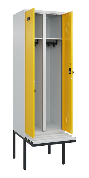 C+P Schwarz-Weiß-Spind Evolo PLUS, Bank, 2 Abteile, 2120x600x815mm, 7035/1023, Drehriegel, Material Sitzfläche Kunststoff, 0490427-20 S10055