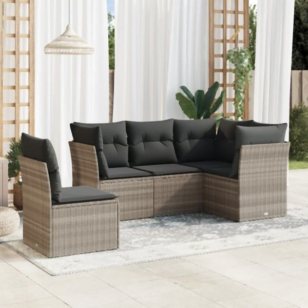 vidaXL 5-tlg. Garten-Sofagarnitur mit Kissen Hellgrau Poly Rattan, 3217642