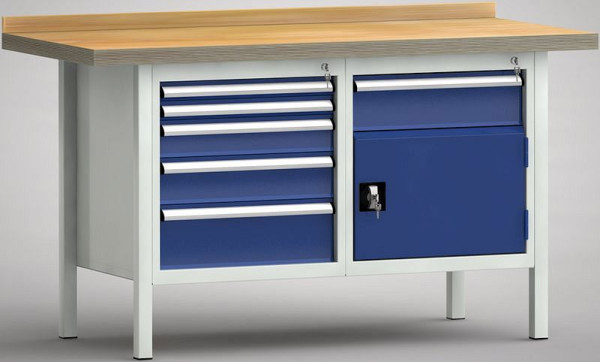 KLW Profi-Werkbank - 1500 x 700 x 905 mm L x T x H (ERGO-Version), links 2x50EA/100EA/125EA/175EA, rechts 150EA/Türe, WP177E-1500M45-E1652