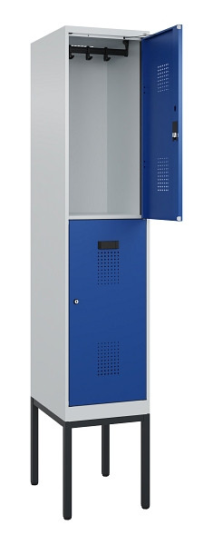 C+P Doppelstock-Spind Evolo PLUS, Gestell, 2 Fächer, 2120x400x500mm, 7035/5010, Zylinderschloss, 0493307-12 S10033
