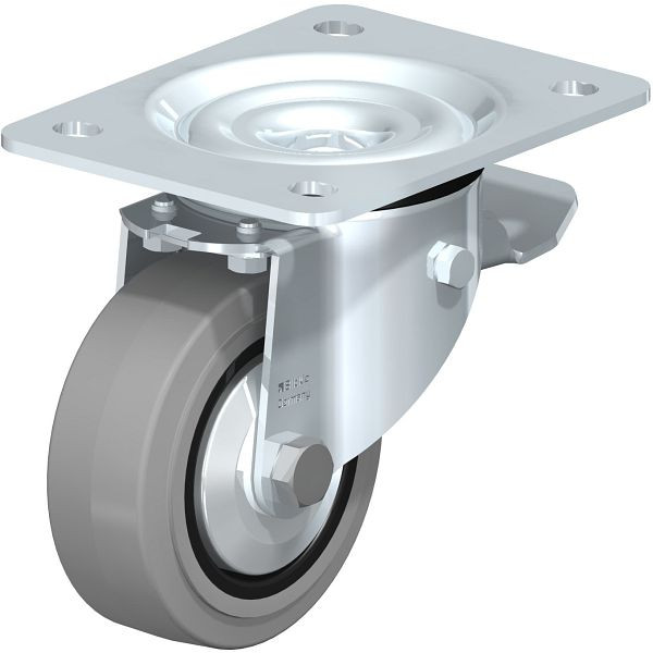 Blickle LK-POEV 100KD-3-ST-SG-FA Stahlblech-Lenkrolle, schwere Ausführung, mit Anschraubplatte & Feststeller, Elastik-Vollgummi, Grau, 851030