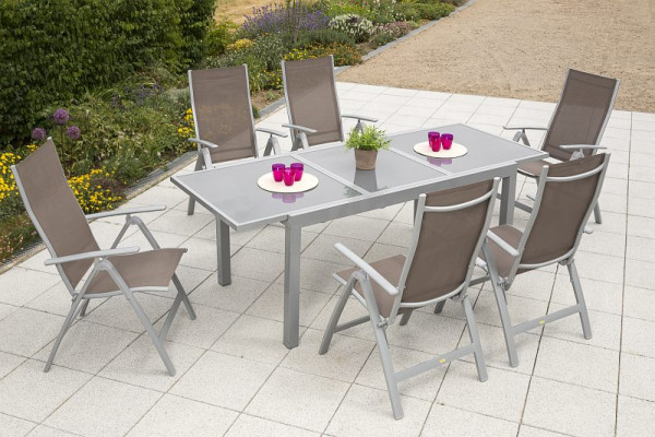 Merxx Carrara Set 7-teilig, 6 Klappsessel, Rückenlehne 5-fach verstellbar, 1 Ausziehtisch 160 (220) x 90 cm, graue Glasplatte, silber/taupe, 50315-325