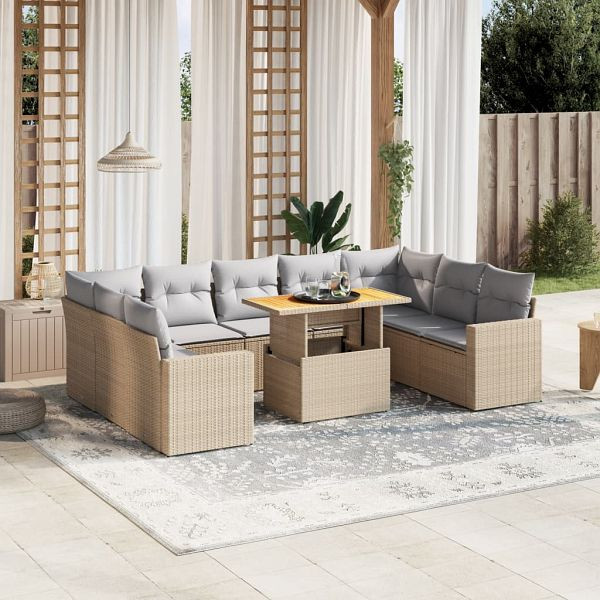 vidaXL 10-tlg. Garten-Sofagarnitur mit Kissen Beige Poly Rattan, 3271458