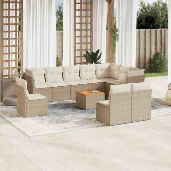 vidaXL 11-tlg. Garten-Sofagarnitur mit Kissen Beige Poly Rattan, UV-beständig, 3256030