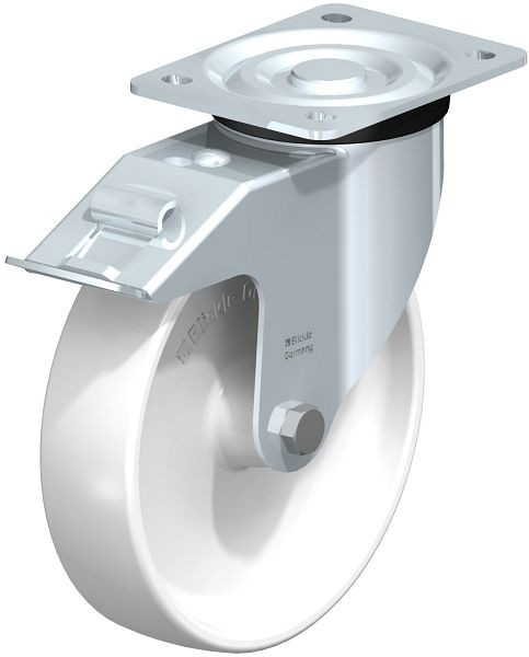 Blickle L-PPN 200G-FI Stahlblech-Lenkrolle, mittelschwere Ausführung, mit Anschraubplatte & Feststeller, Polypropylen, Weiß, 762818