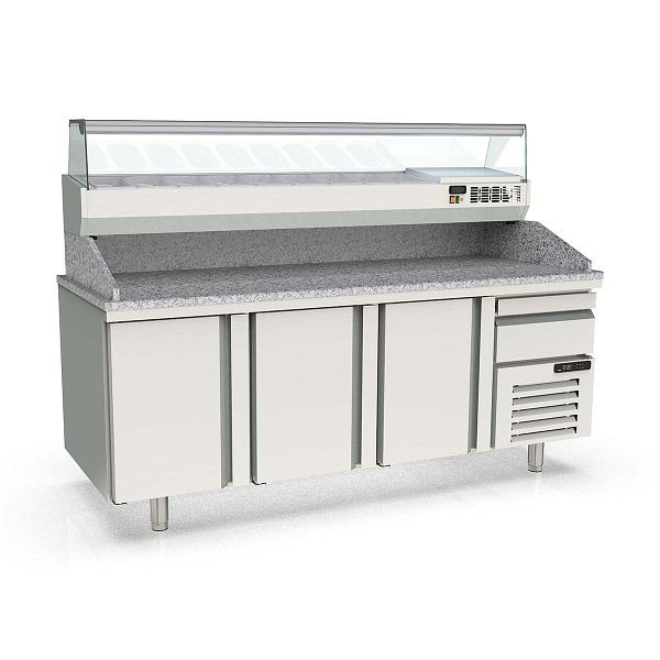 Vaiotec TOPLINE Pizzatisch 800 / 3-fach mit Türen, EN 60x40, Schublade, Granitplatte grau, inkl. Kühlaufsatz, GN 1/4, Breite: 2090 mm, 11617