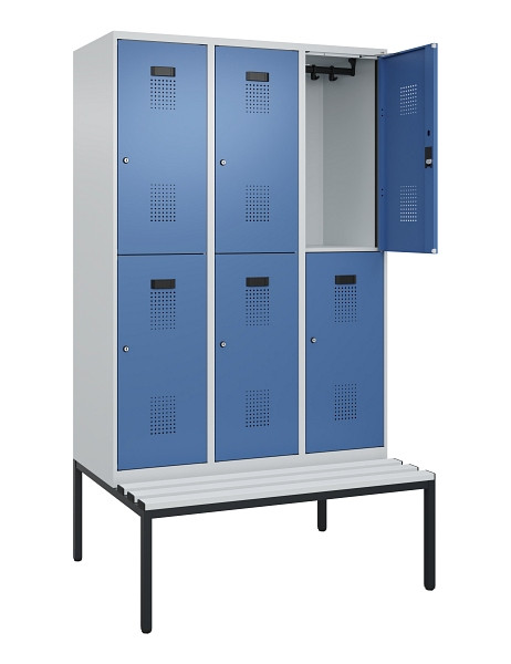 C+P Doppelstock-Spind Evolo PLUS, Bank, 6 Fächer, 2120x1200x815mm, 7035/5023, Zylinderschloss, Sitzfläche Kunststoff, Sitzbank, 0493507-32 S10116