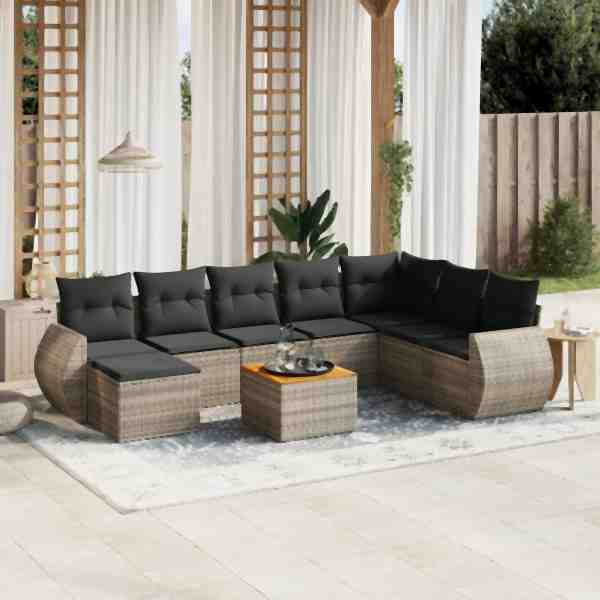 vidaXL 9-tlg. Garten-Sofagarnitur mit Kissen Grau Poly Rattan, UV-beständig, 3257474