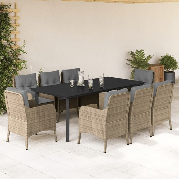 vidaXL 9-teilig Garten-Essgruppe mit Kissen Beige Poly Rattan, 3211989