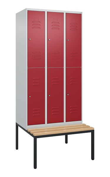 C+P Doppelstöckiger Spind Classic PLUS, 3 Abteile, 2120x900x815mm, 7035/3003, Zylinderschlösser, Buche-Sitzleisten, Sitzbank, 0803507-30 S10091