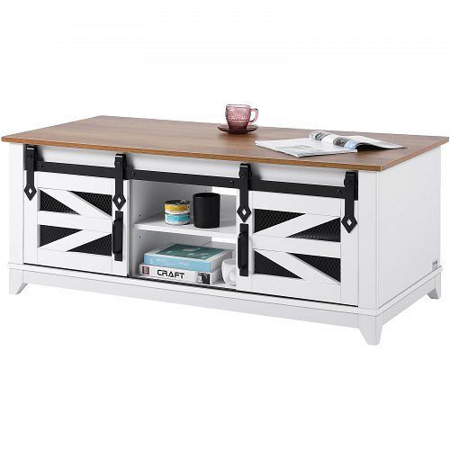 VEVOR rechteckiger Couchtisch im Farmhouse-Stil, 68 kg belastbar, mit 2 Schiebetüren und abnehmbaren Regalen für Wohn-/Schlafzimmer, ZFXBSKFZ48YCNTXNBV0