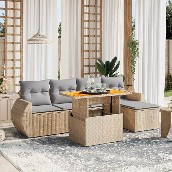 vidaXL 6-tlg. Garten-Sofagarnitur mit Kissen Beige Poly Rattan, UV-beständig, 3272172