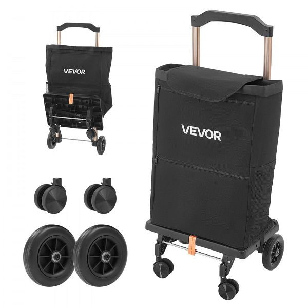 VEVOR Einkaufstrolley faltbar, 75 kg, Schwarz, 40 l, Kühlfach, Teleskopgriff, 4 Rollen, abnehmbare Tasche, BDSGWC330B4LQDO0Y001V0