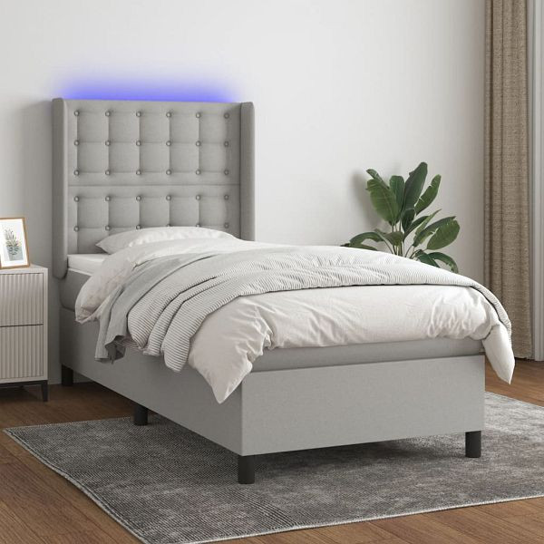 vidaXL Boxspringbett mit Matratze & LED Hellgrau 90x200 cm Stoff, 3138605