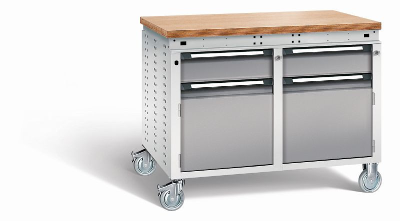 Otto Kind Werkbank Serie function Typ 251 fahrbar, Multiplexplatte 40 mm, bündig, 2x Unterbau, Gehäuse RAL 7035, Front RAL 7037, 072382167