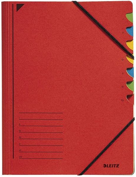 LEITZ 3907 Ordnungsmappe, 7 Fächer, A4, Pendarec-Karton (RC), 430 g/qm, rot, 3907-00-25