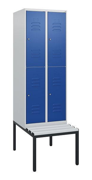 C+P Doppelstöckiger Spind Classic PLUS, 2 Abteile, 1950x600x815mm, 7035/5010, Zylinderschlösser, mit untergebauter Sitzbank, 0803505-20 S10078