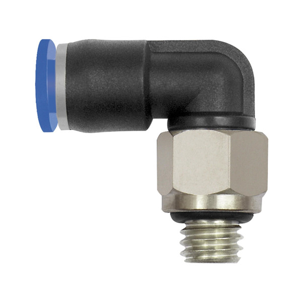 Riegler L-Steckverschraubung »Blaue Serie« mini, drehbar, M3, für Schlauch-Außen-Ø 3 mm, pmax 10 bar, Kunststoff/Messing vernickelt, 148813