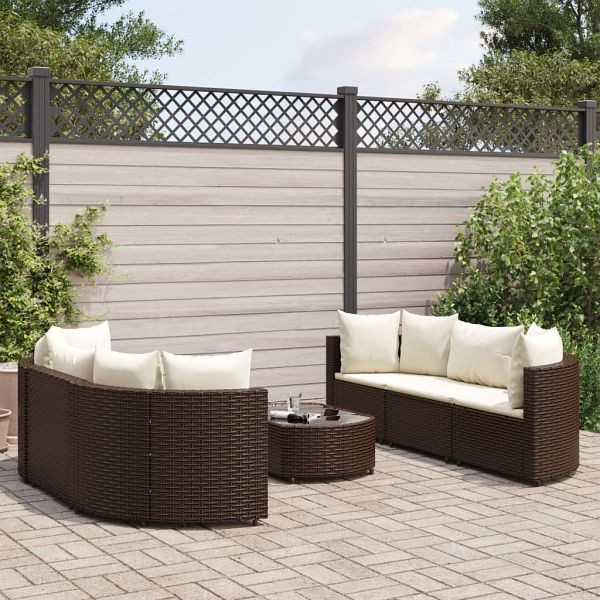 vidaXL 7-teilig Garten-Sofagarnitur mit Kissen Braun Poly Rattan, 3308433