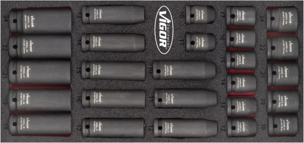 VIGOR Schlagschrauber Steckschlüsseleinsatz Satz, Vierkant hohl 12,5 mm (1/2 Zoll), Außen-Sechskant Profil, 10 - 24, Anzahl Werkzeuge: 26, V5602