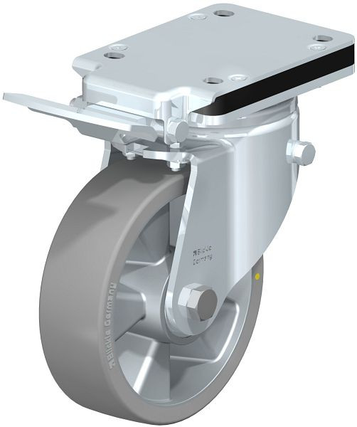 Blickle LH-ALTH 160K-IS-AS Stahlblech-Lenkrolle, Schwerlast-Ausführung, mit Anschraubplatte & Feststeller, Blickle Extrathane®, Grau, 846489
