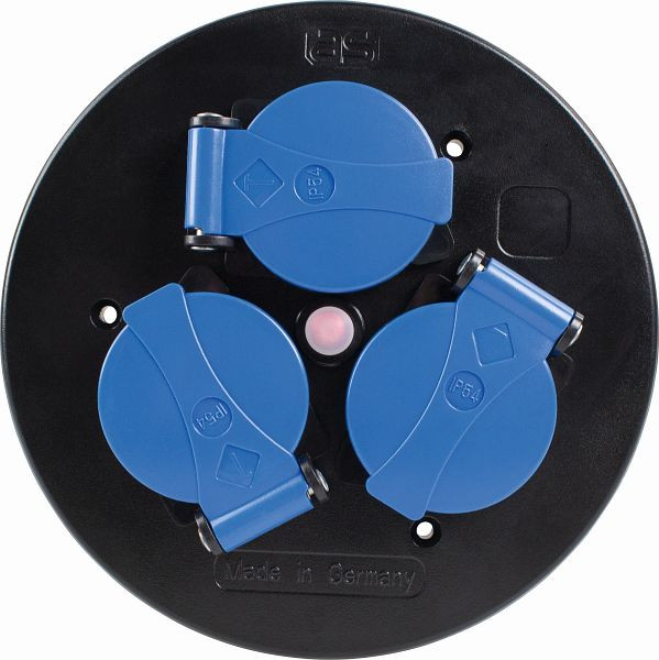 as-Schwabe Steckdoseneinsatz 3-fach blau, 3 Schutzkontaktsteckdosen IP44 mit Klappdeckeln und Spritzschutzrand 230V/16A, Thermoschutzschalter, 10566