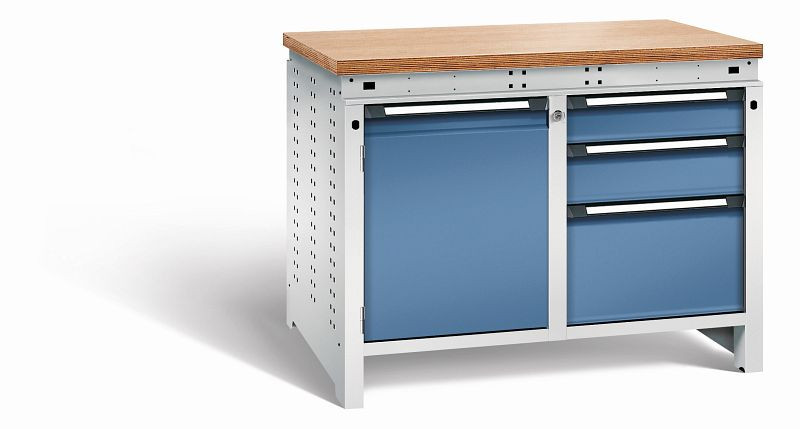 Otto Kind Werkbank Serie function Typ 213, Multiplexplatte 40 mm, bündig, 2x Unterbau + Zentralverschluss, Gehäuse RAL 7035, Front RAL 5023, 072343164