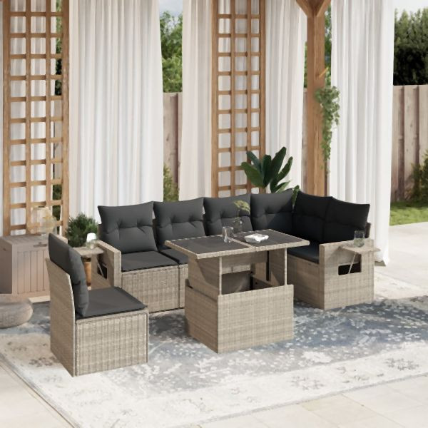 vidaXL 7-tlg. Garten-Sofagarnitur mit Kissen Hellgrau Poly Rattan, 3267942