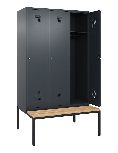 C+P Spind Evolo PLUS, 3 Abteile, 2120x1200x815mm, 7016/7016, Haken 4, Zylinderschloss, Sitzfläche Buche-Hartholz, Sitzbank, 0490507-32 S10043