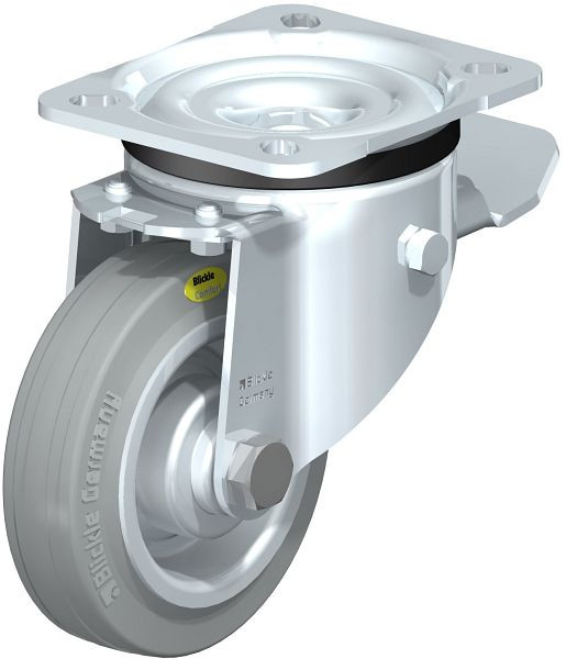 Blickle LK-RD 100R-1-ST-VLI Stahlblech-Lenkrolle, schwere Ausführung, mit Anschraubplatte & Feststeller, Zweikomponenten-Vollgummi, Grau, 295410