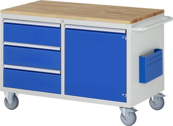 RAU Montagewagen Serie 7000, B1145 x T650 x H795 mm, Buche-Massiv-Arbeitsplatte, links: Schubladen: 3xH180mm, rechts: Flügeltür H540mm, 15-LL3.0.8A-B.11