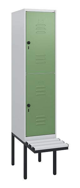 C+P Doppelstöckiger Spind Classic PLUS, 1950x400x815mm, 7035/6011, Drehriegel, mit Untergestell und schwebender Sitzfläche, 0803405-12 S10066