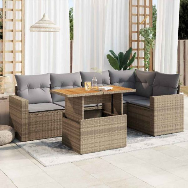 vidaXL 6-tlg. Garten-Sofagarnitur mit Kissen Beige Poly Rattan, 3327041