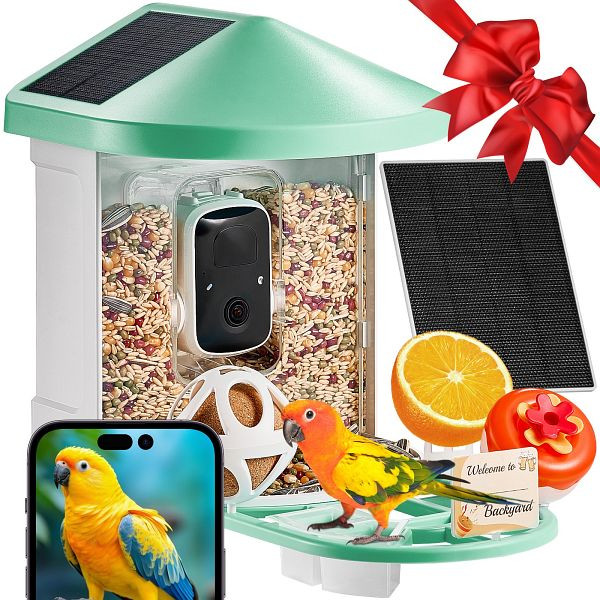 VEVOR Vogelfutterhaus Kamera Vogelfutterstation Futterspender 3xSolarmodule Grün, DSXTDWNQWDCMY2OI2Y3