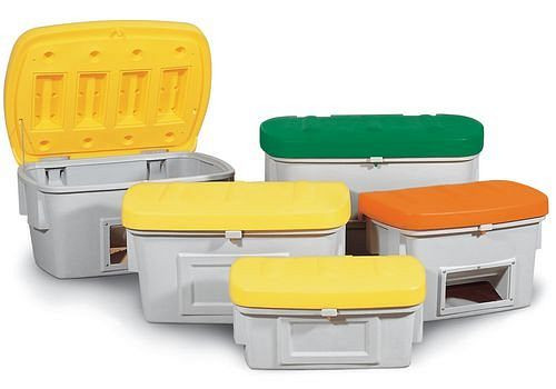 DENIOS Streugutbehälter SB 550 aus Polyethylen (PE), 550 Liter Volumen, Deckel gelb, 136-421
